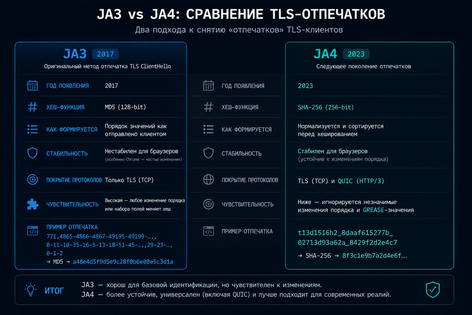 Сравнение JA3 и JA4: отличия TLS-отпечатков