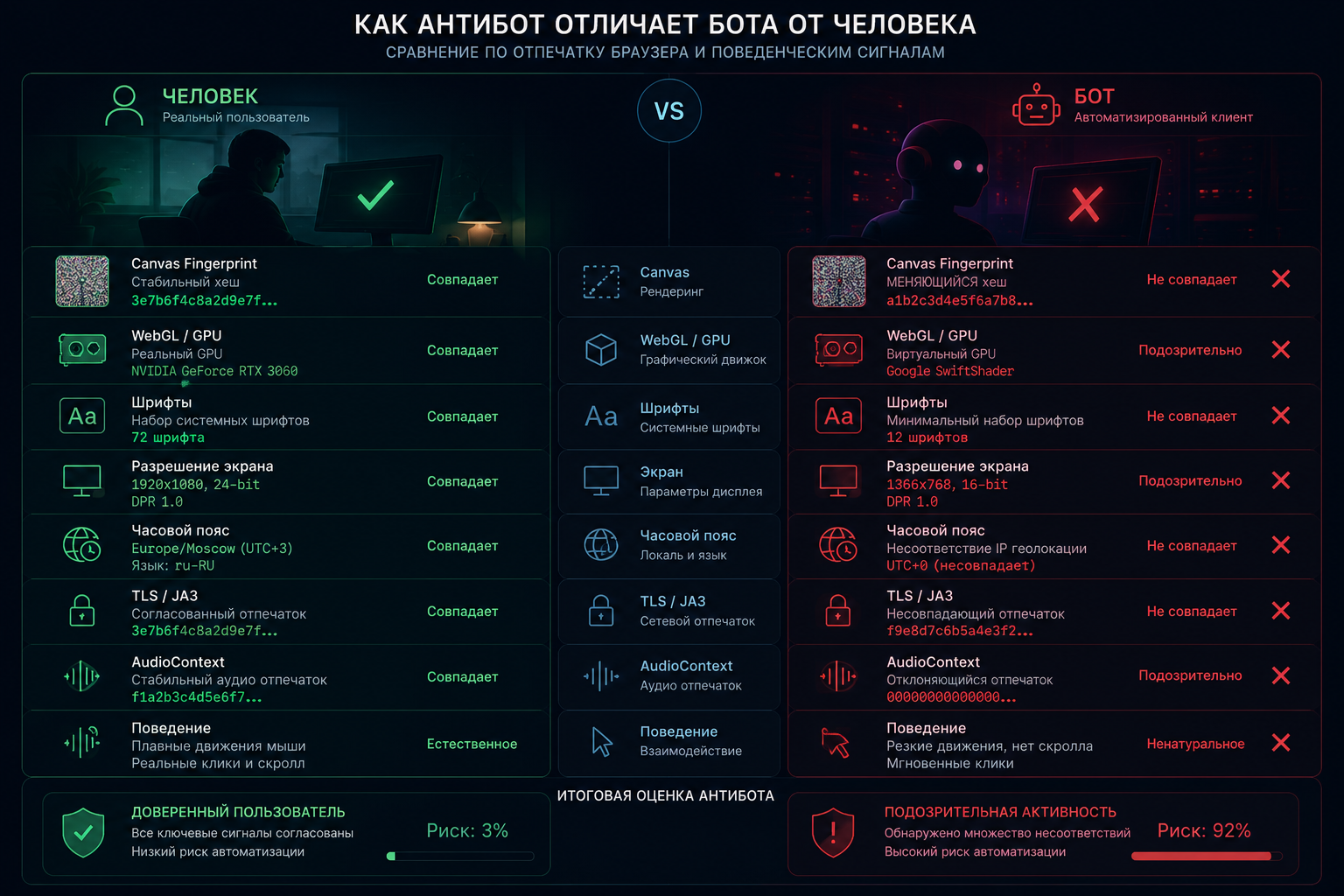 Как антибот отличает бота от человека по отпечатку браузера