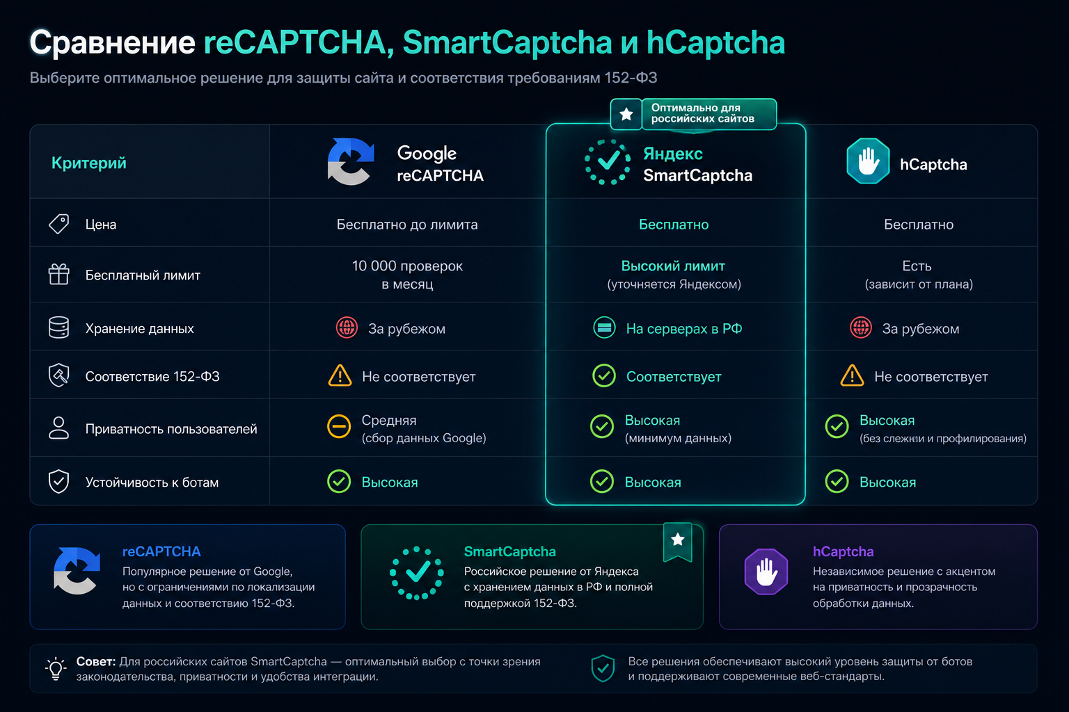 Сравнение капч reCAPTCHA, SmartCaptcha и hCaptcha по цене, приватности и 152-ФЗ