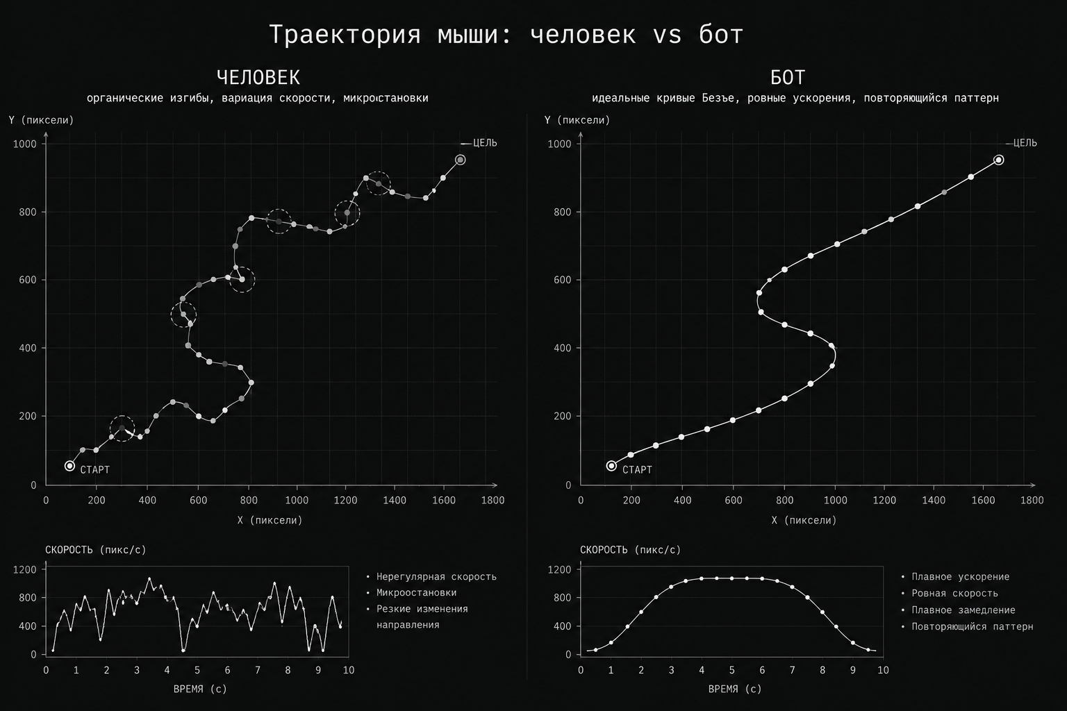 Траектория мыши человека и бота — сравнение паттернов движения курсора