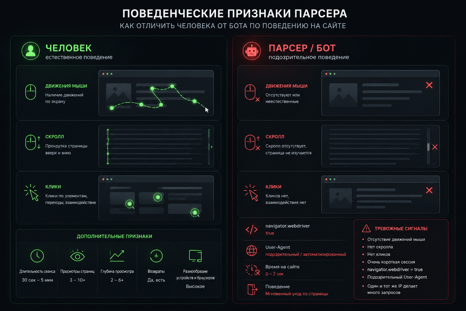 Поведенческие признаки парсера: отсутствие движений мыши и скролла
