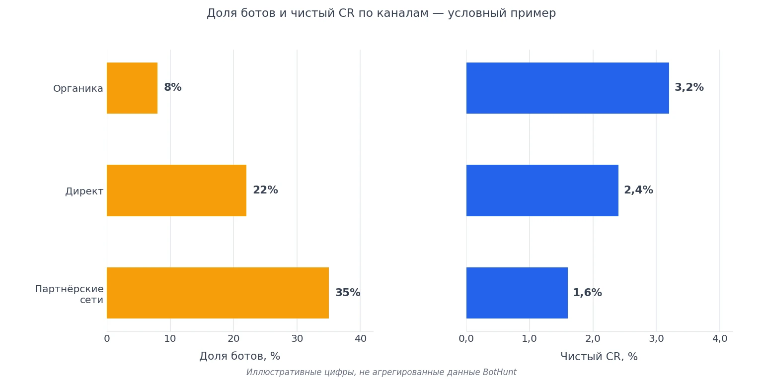 Условный пример: доля ботов и чистый CR по каналам — органика, Директ, партнёрские сети
