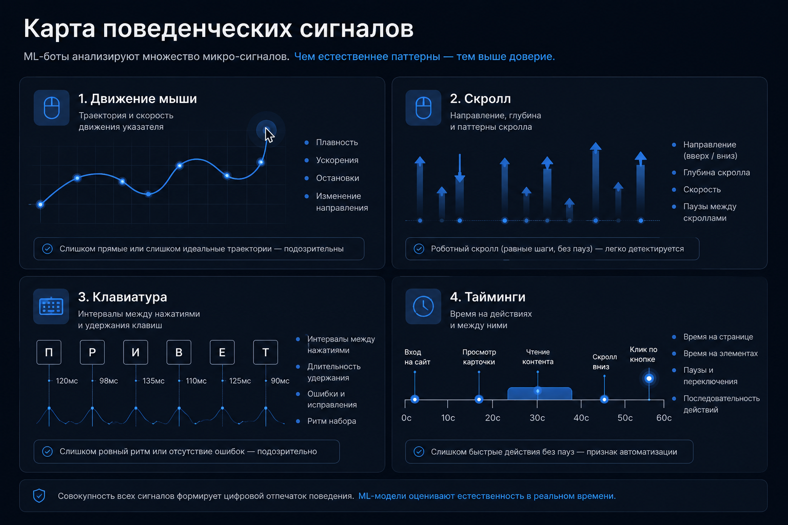 Карта поведенческих сигналов, которые собирает антибот: мышь, скролл, клавиатура, тайминги