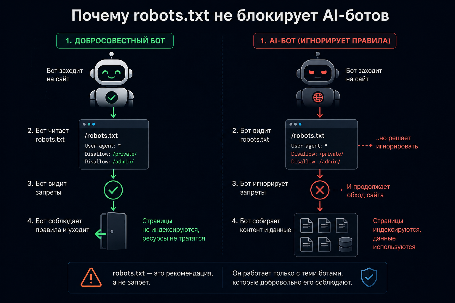 Схема почему robots.txt не блокирует AI-ботов